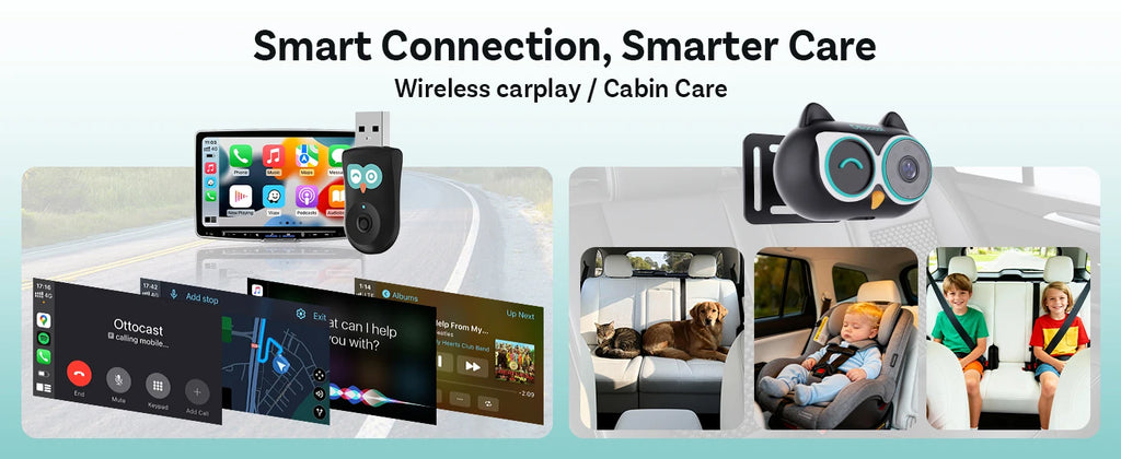 OTTOCAST Cabin Care, Drahtloser CarPlay-Adapter Babykamera 1080P HD 150°