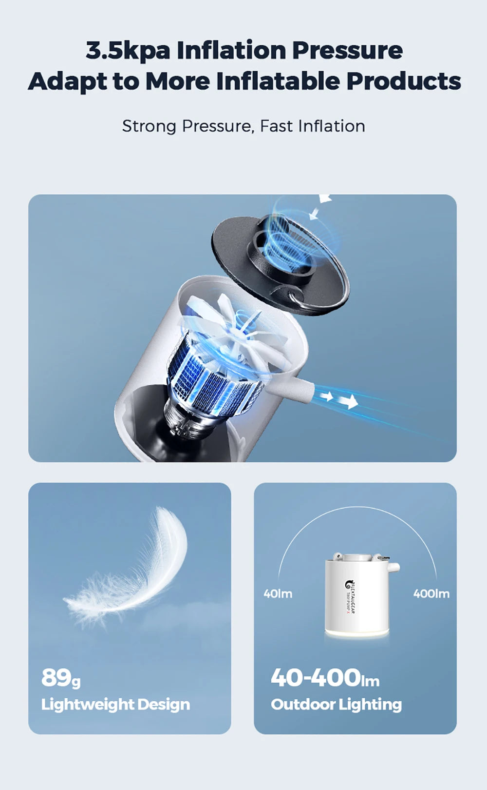 FLEXTAIL Tragbare Luftpumpe, Mini-Campingpumpe mit Licht, USB-C-Aufladung, ideal für Isomatten, Luftmatratzen, Vakuumbeutel