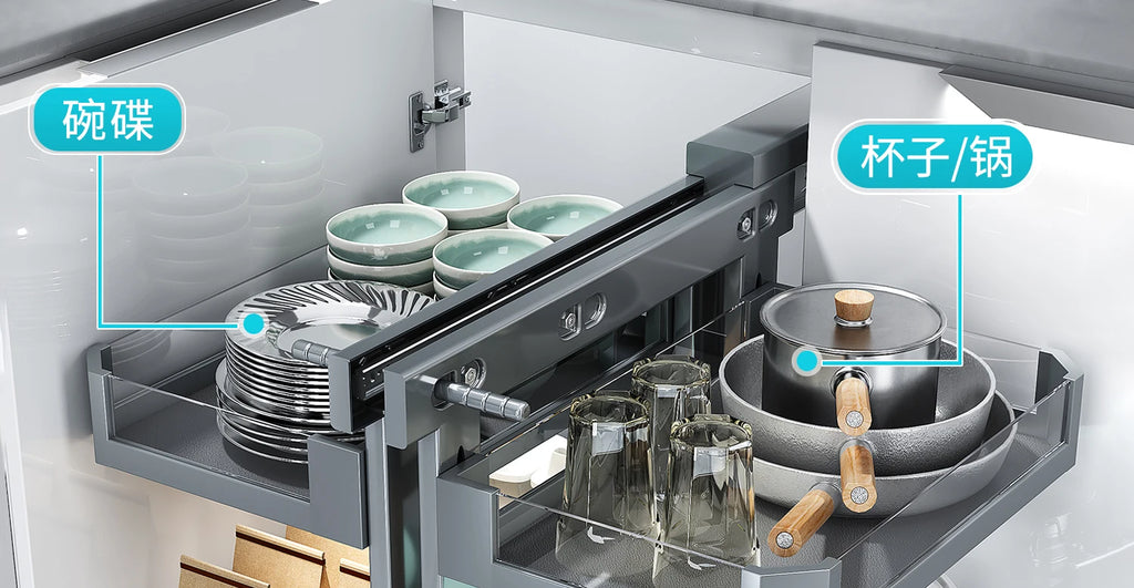 Eckkorb, Küchenschrank, komplett ausziehbar, Aufbewahrungsregal mit zwei Schubladen, Eckkorb