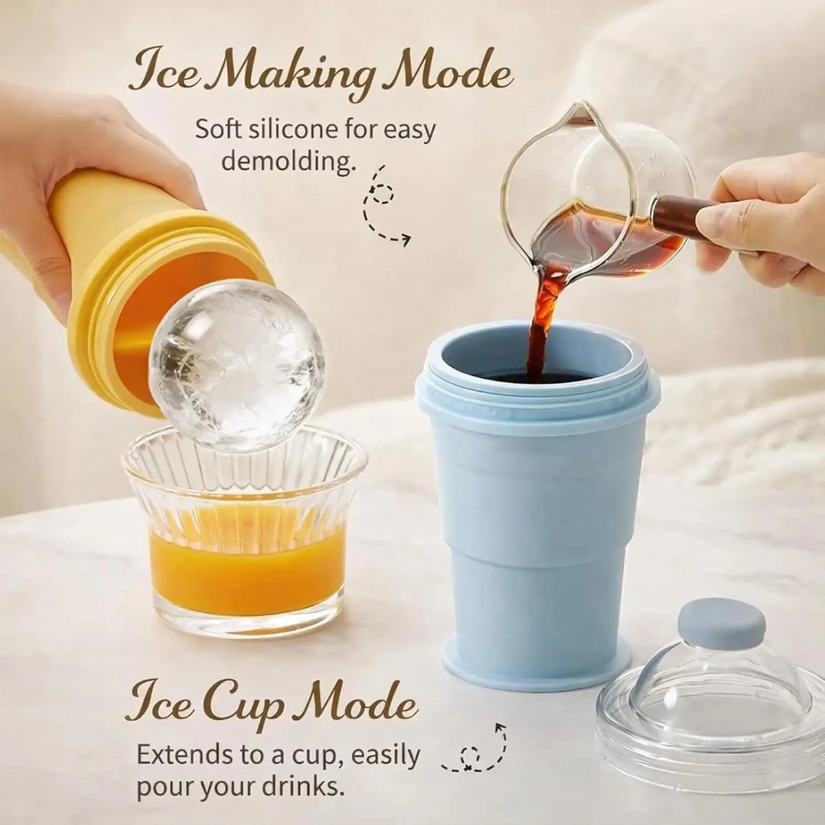 2-in-1 Faltbarer Silikon-Eiskugelbecher mit Strohhalm - Auslaufsicher, Lebensmittelecht, FCM | Kaffee, Saft & Smoothies | 1 & 5 Stueck