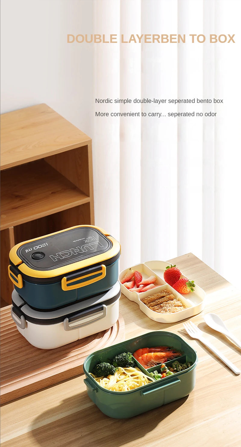 1200ml 2-lagige Bento-Brotdose mit Löffel gabel, tragbare auslaufs ichere Büro camping für Kinder mit hoher Kapazität