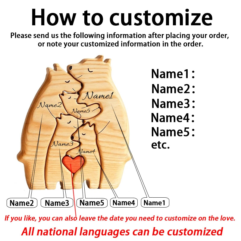 Kunst-Holzbär-Familienpuzzle, personalisierter Name, individuelle Heimdekoration, Thanksgiving, Weihnachten, Herzwärmungsgeschenk für Babymutter