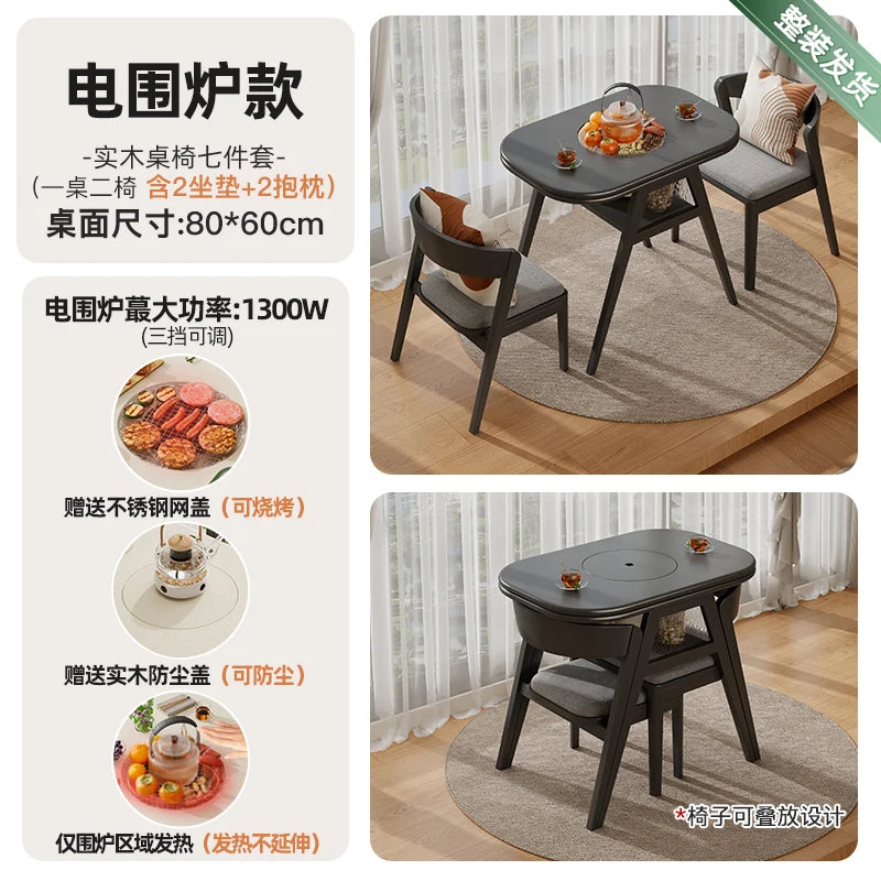 Multifunktionaler Couchtisch aus massivem Holz, hochwertiger integrierter Tisch mit Elektrogehäuse für Herd, Tee und Grill