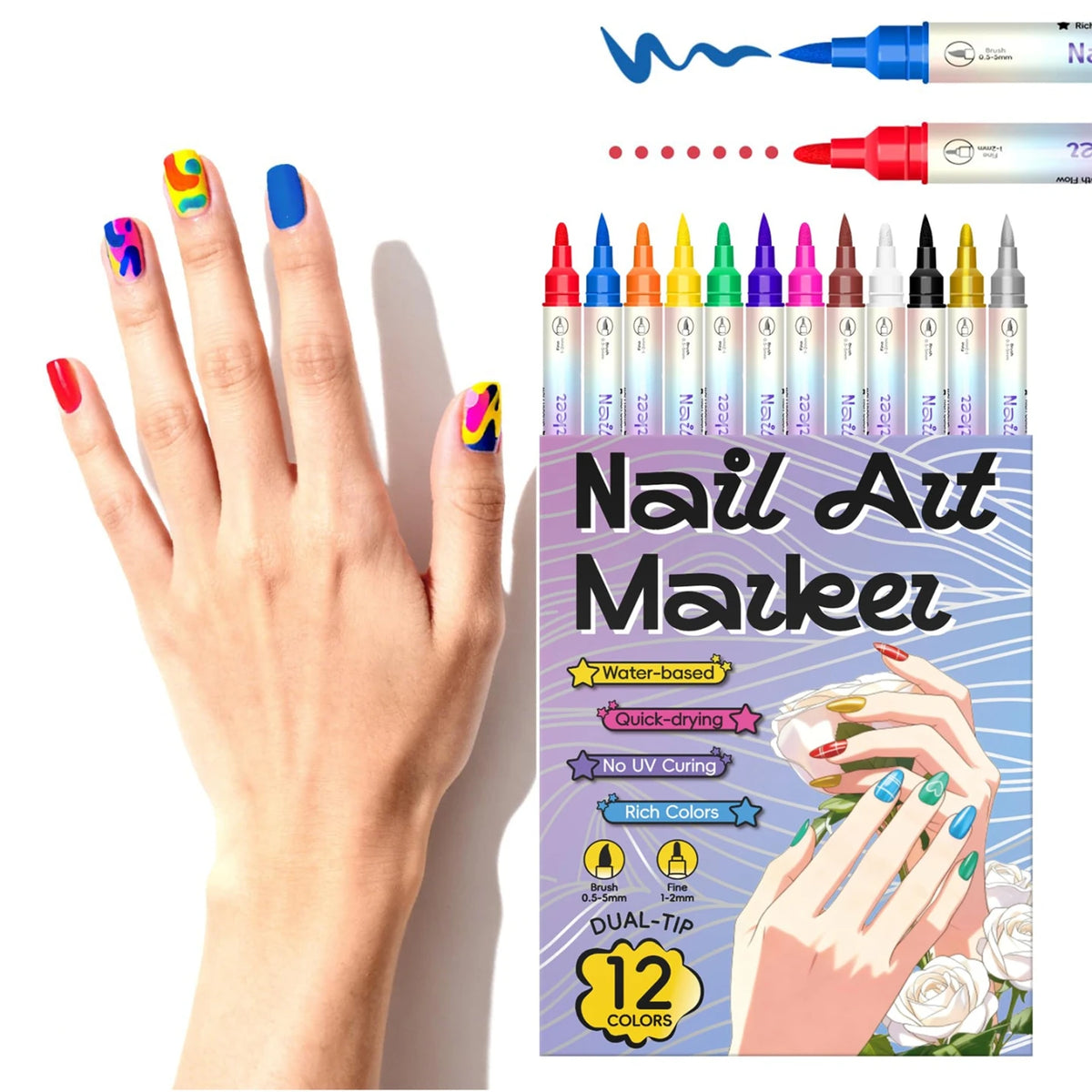Nail-Art-Graffiti-Stift-Set Doppelkopf – Acryl, Schnelltrocknend, Metallic-Farben | 12 & 24 Farben | Pointillismus & Nageldesign