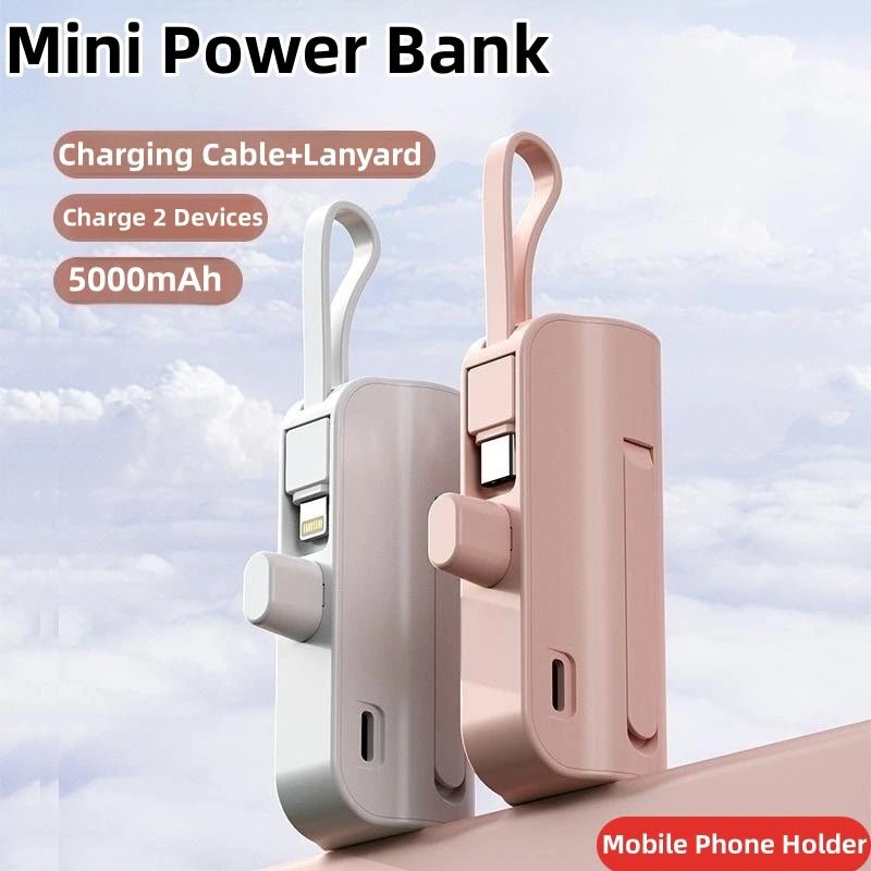 5000 mAh Kapsel Mini Power Bank für iPhone 14 Samsung Huawei Xiaomi Tragbares Ladegerät Powerbank mit Telefonhalter Ersatzakku