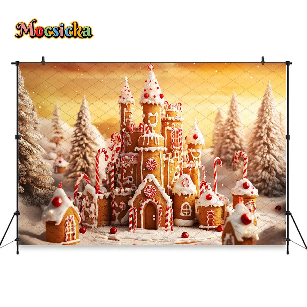 Mocsicka Weihnachten Lebkuchenhaus Fotografie Hintergrund verschneite Weihnachtsbaum Zuckerstangen Hintergrund Winter Urlaub Party Photozone