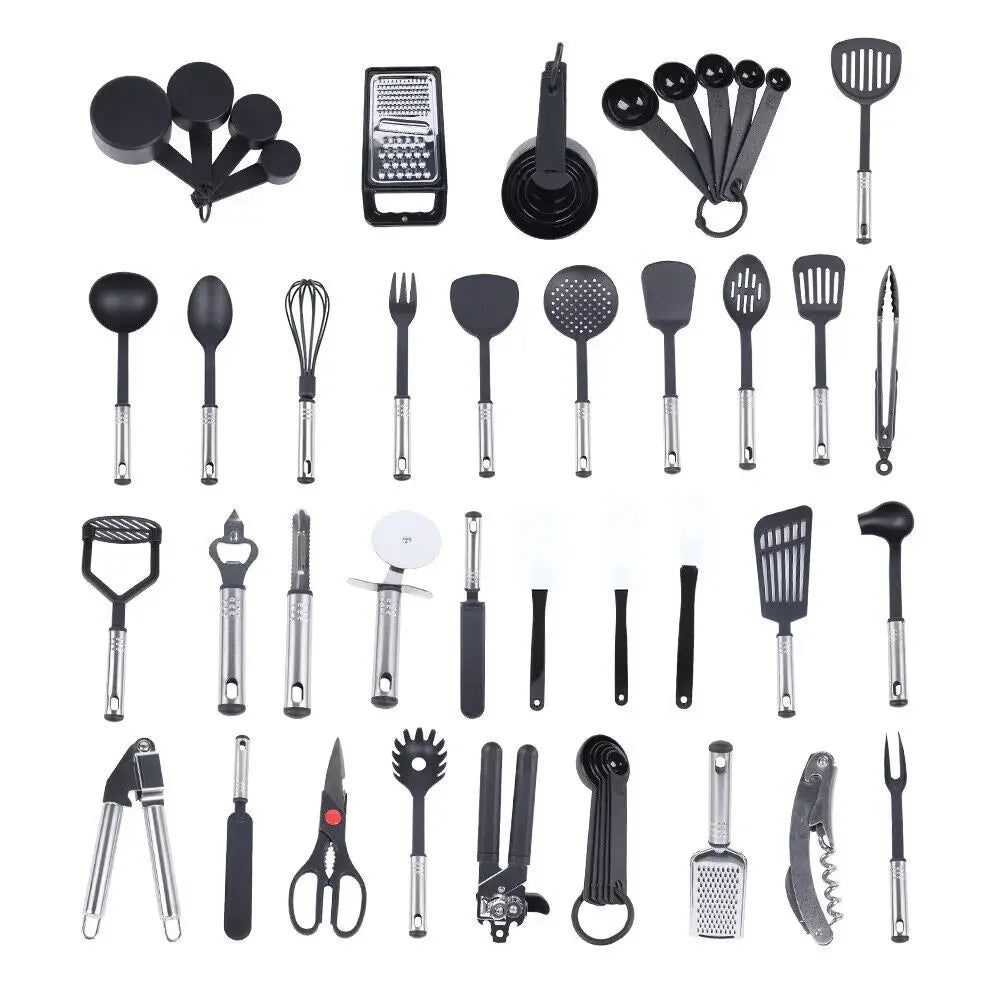 40-teiliges Küchenhelfer-Set aus Edelstahl mit Antihaftbeschichtung, Kochlöffel, Kochen zum Kochen zu Hause, Backen, Rühren, Schwarz
