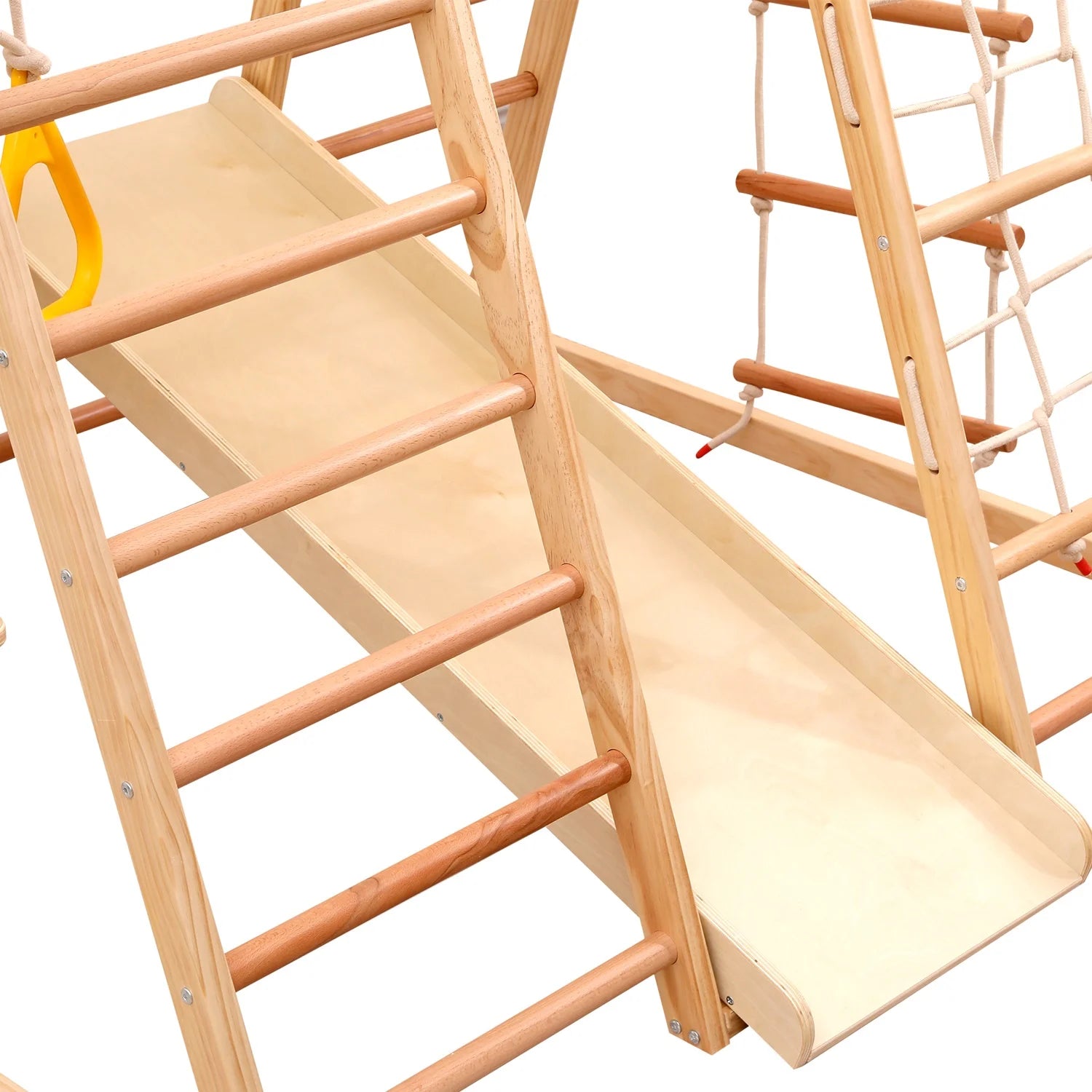 7-in-1 Multifunktionales Klettergerüst aus Holz mit Rutsche und Schaukel, Kletterleiter/Netz/Steinen, Indoor-Spielplatzspielzeug für Kinder ab 3 Jahren