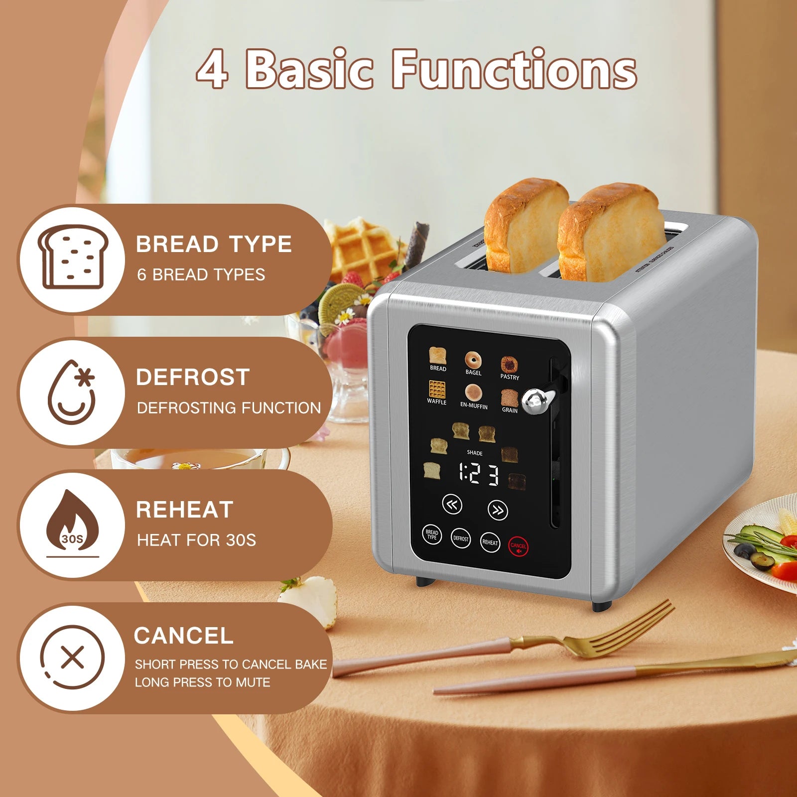 OMESER Küche Edelstahl Zwei Scheiben Toaster Touchscreen Hause Automatische Brot Toaster Frühstück Maschine 6 Bräunungsstufen