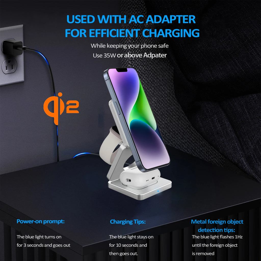Qi2/Qi1 3 in 1 15 W magnetisches kabelloses Ladegerät für iPhone 17 16 15 Schnellladung, zusammenklappbar, für Apple Watch Airpods kabelloses Ladegerät