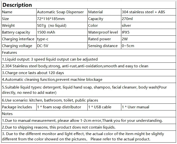 Küchenseifenmaschine, automatischer Sensor, Händedesinfektionsmittel, intelligenter elektrischer Seifenspender für Körperwaschmittel, Edelstahl 304