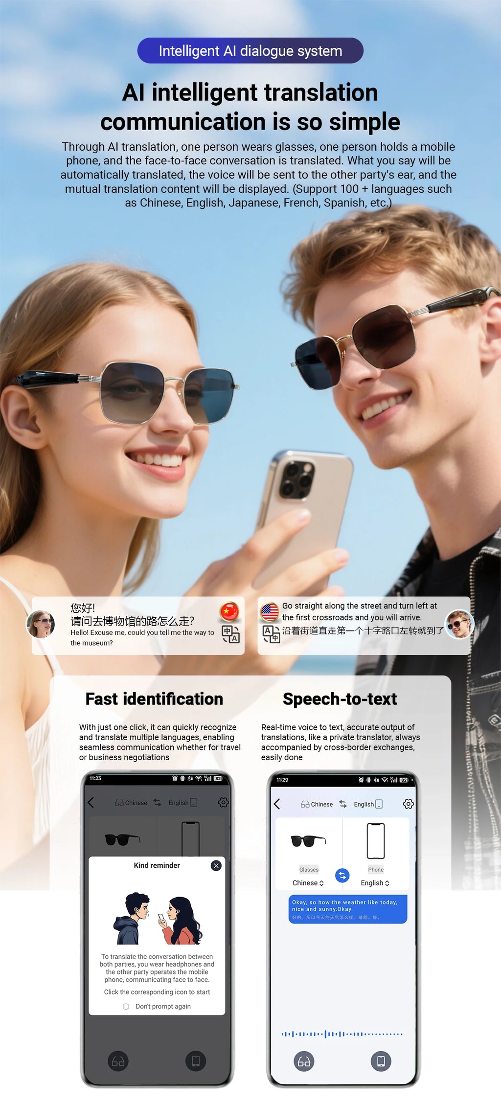 GY200 Smart Glasses 100+ Online-Sprache AI Automatische Dialogübersetzung Bluetooth-Brille mit Lautsprecher Sport UV-Schutz