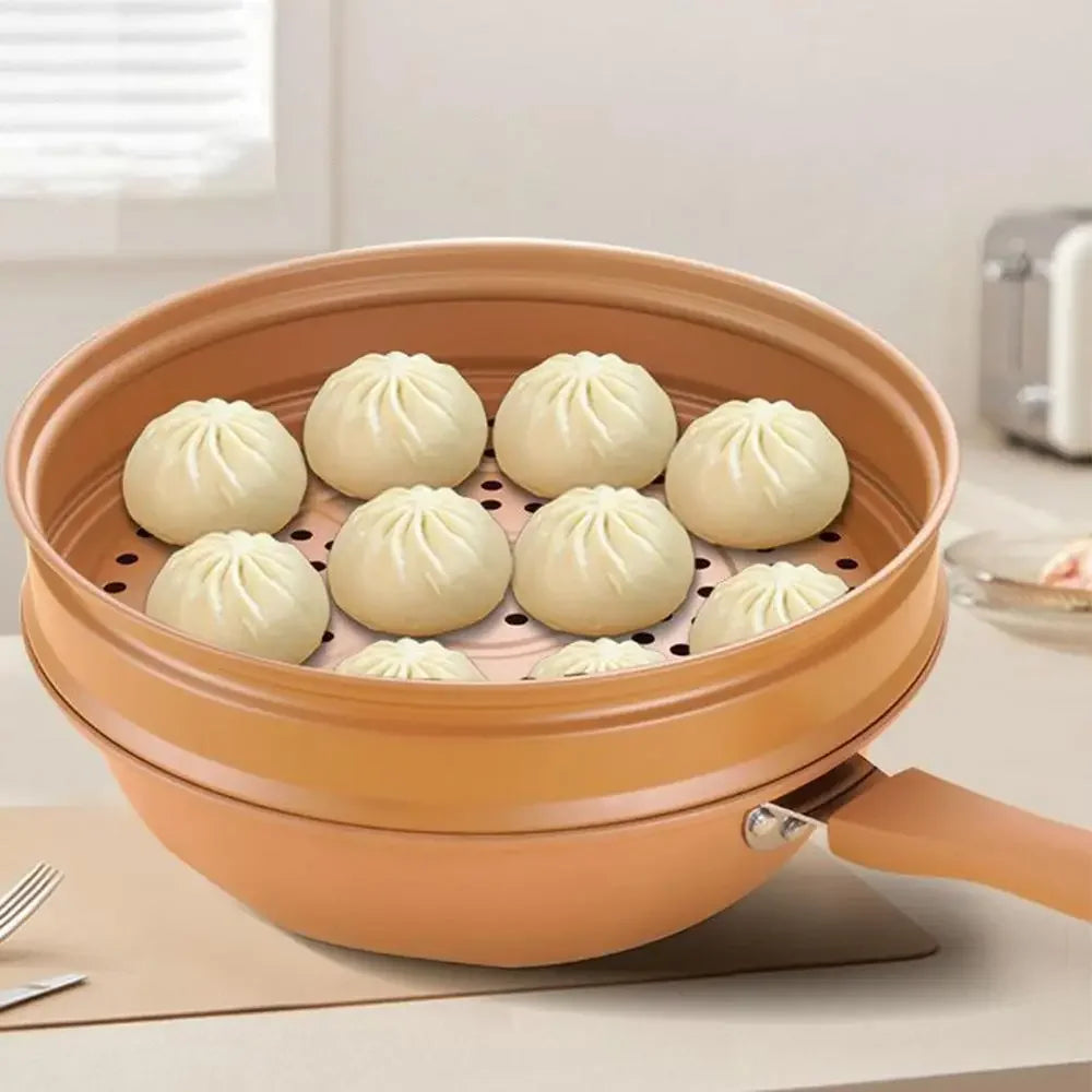 Keramik-Wok mit Deckel, antihaftbeschichtet, Ton-Wok mit Dampfkorb, Ton-Wok, Mikrokordruck-Wok, multifunktionale Haushalts-Bratpfanne