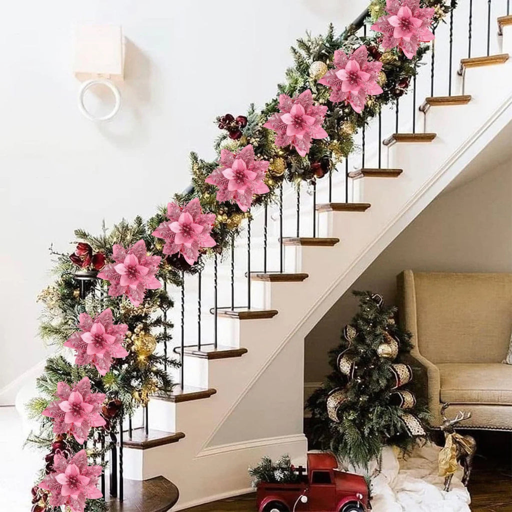 5/10 Stück rosa Weihnachtsglitter künstliche Blumen Weihnachtsbaumschmuck für Zuhause 2025, Weihnachtsschmuck, Neujahrsdekoration, Navidad