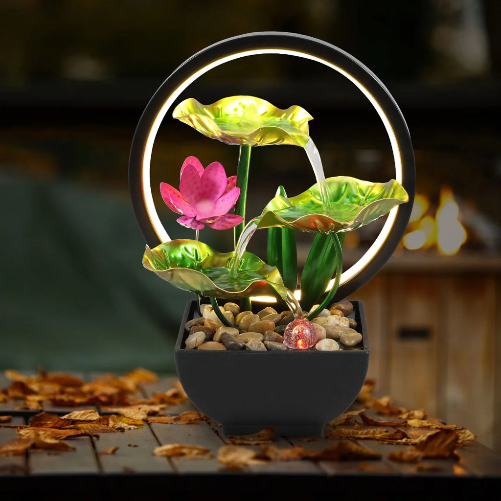 Tisch-Wasserbrunnen, USB-betriebener Entspannungs-Desktop-Wasserfallbrunnen mit natürlichen Felsen und LED-Ringlichtern für die Inneneinrichtung