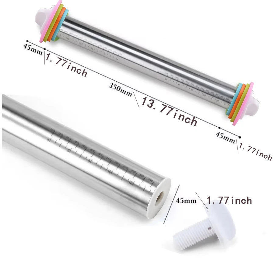 Verstellbarer Nudelholz aus Edelstahl mit 4 dicken abnehmbaren Ringen. Vielseitige Teigroller zum Backen von Pizza-Backgeschirr-Werkzeugen