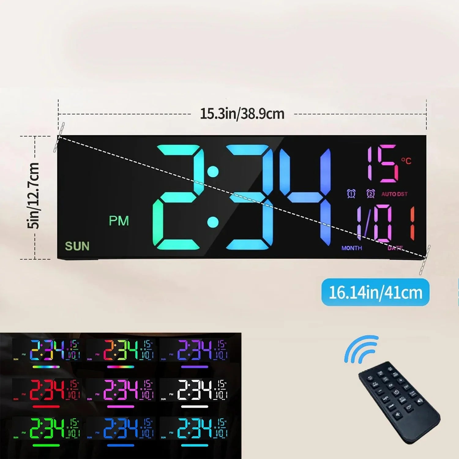 Große digitale Wanduhr mit Fernbedienung, Doppelalarm, großem LED-Display, 8 RGB-Farben
