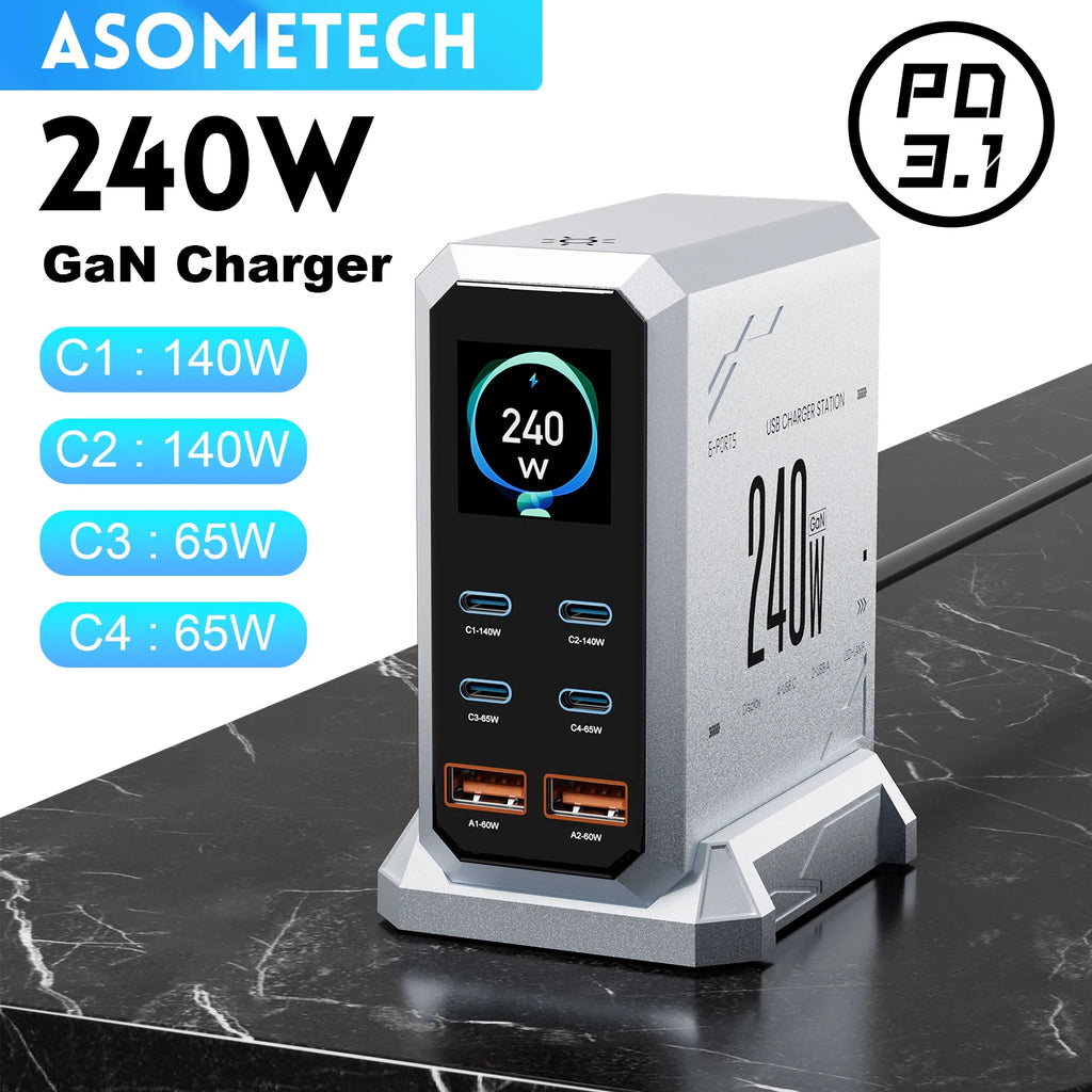 240 W GaN Ladegerät PD3.1 140 W USB Typ C 6 Ports PPS PD Desktop Schnellladestation für MacBook Laptops Tablet iPhone Samsung
