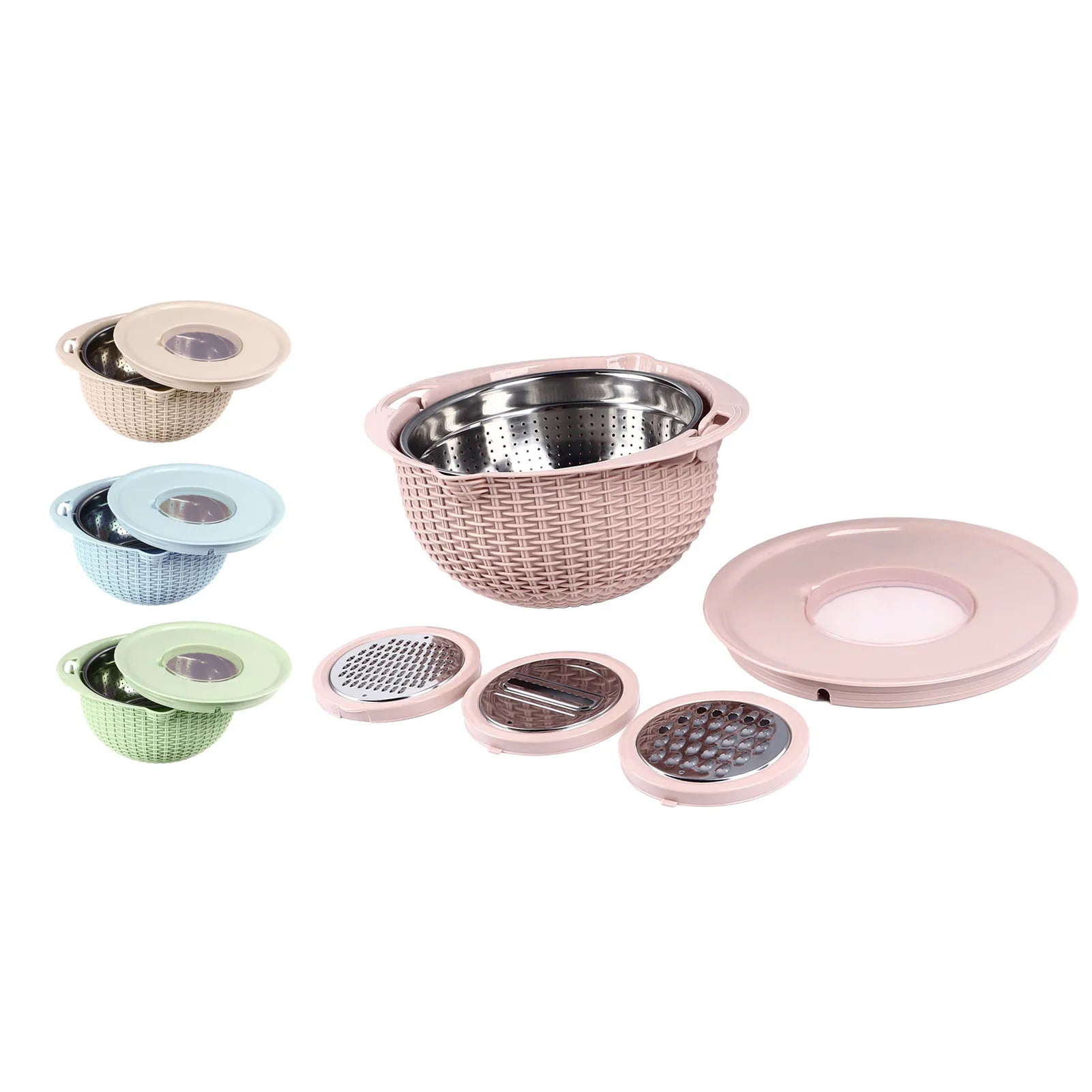 4-in-1-Siebschüssel mit Schneidwerkzeugen, drehbares Sieb, 2-lagiger ergonomischer Griff, vielseitige Gemüsewaschschüssel