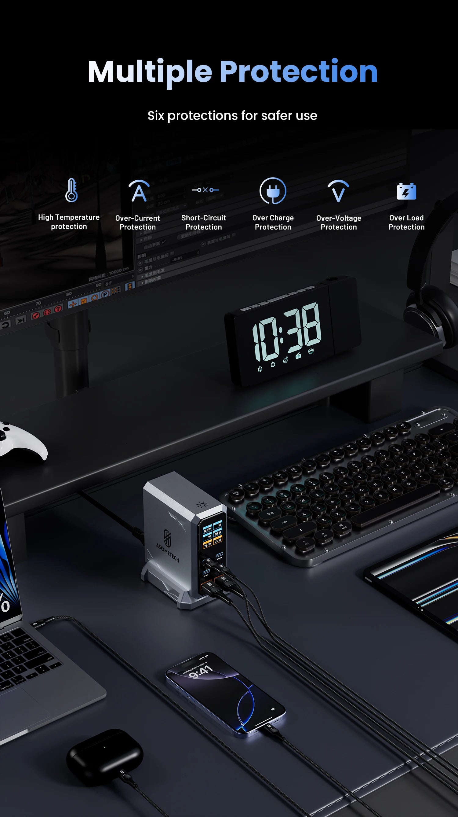 240 W GaN Ladegerät PD3.1 140 W USB Typ C 6 Ports PPS PD Desktop Schnellladestation für MacBook Laptops Tablet iPhone Samsung