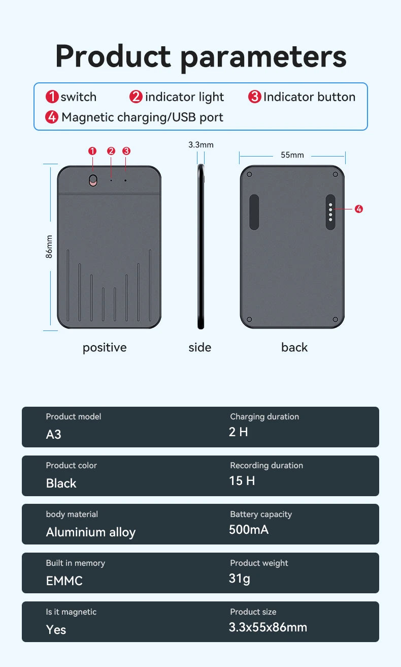 AI ChatGPT App Telefonanruf Aktivierter Diktiergerät Transcribe Summarize Smart Magnet Adsorb 8-128 GB Ultradünnes Kartendiktiergerät