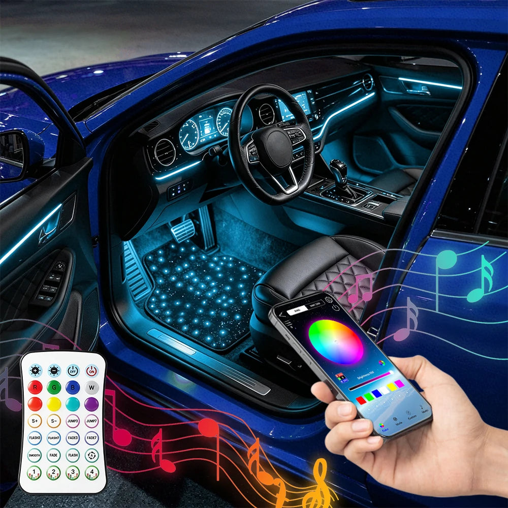 VASTFIRE Starlight Auto-Ambientebeleuchtung – Glasfaser-Fußmatten, RGB-Lichtleiste & Faserlampen | App & Fernbedienung | CE & RoHS