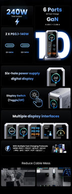 240 W GaN Ladegerät PD3.1 140 W USB Typ C 6 Ports PPS PD Desktop Schnellladestation für MacBook Laptops Tablet iPhone Samsung