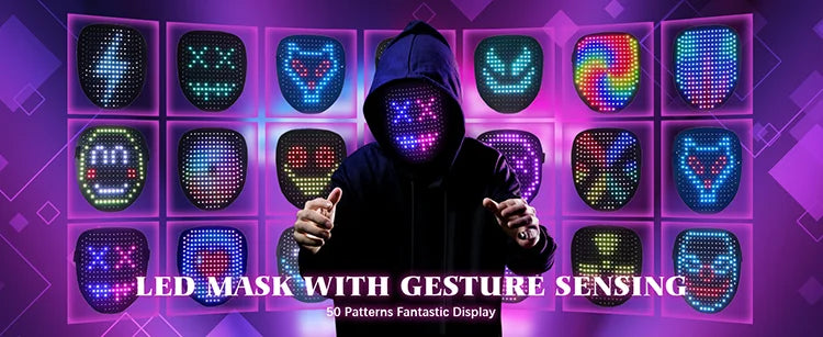 LED-Maske mit Gestenerkennung – 234 RGB-LEDs, 50 Muster, USB-C | Halloween Cosplay