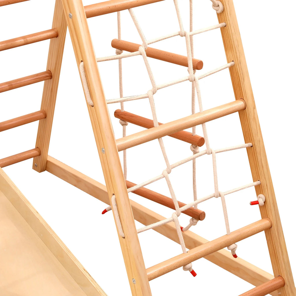 7-in-1 Multifunktionales Klettergerüst aus Holz mit Rutsche und Schaukel, Kletterleiter/Netz/Steinen, Indoor-Spielplatzspielzeug für Kinder ab 3 Jahren