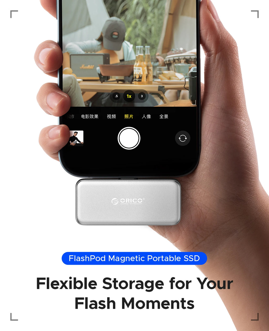 ORICO FlashPod 1 TB MINI magnetische tragbare SSD bis zu 2000 MB/s ProRes mit Direktstecker für iPhone 15 16 Serie, Tablets, Laptop