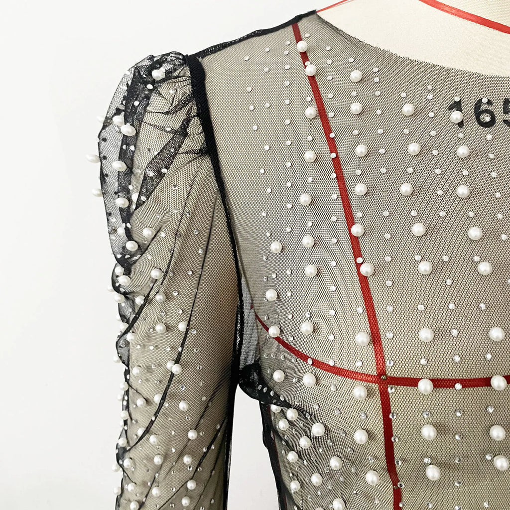 Frauen Sexy Mesh Perlen Tops Damen Mode Pailletten Blase Ärmeln Top T-Shirt Sommer Casual Pullover Tops für Weibliche 2025, Neue