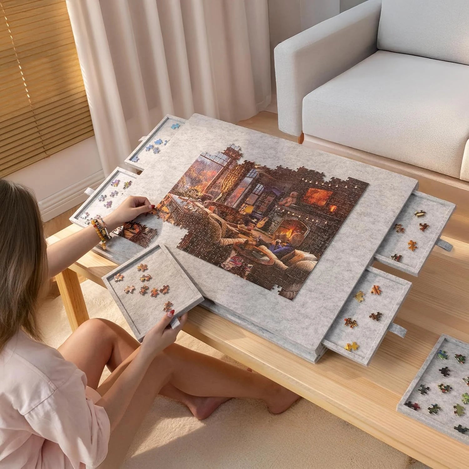 Puzzlebrett mit 6 Schubladen & Ständer – 2-in-1, Filzoberfläche, 1000+ Teile, neigbar