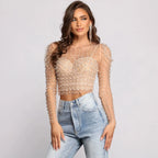 Frauen Sexy Mesh Perlen Tops Damen Mode Pailletten Blase Ärmeln Top T-Shirt Sommer Casual Pullover Tops für Weibliche 2025, Neue