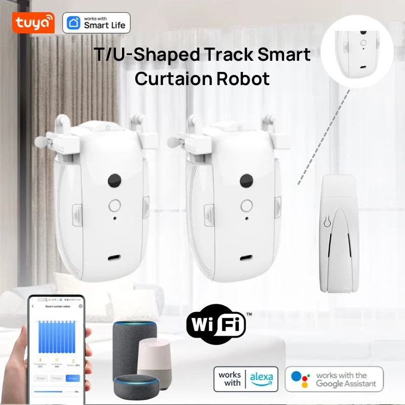 Tuya Smart WiFi Vorhangroboter (mit Gateway), APP-Fernbedienung, Sprachsteuerung, inklusive Zubehör für T/U-Vorhangschienen