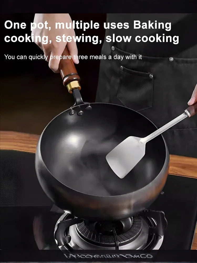 Großer Bauchtopf, vertiefter, antihaftbeschichteter Eisentopf, flacher Boden, unbeschichtet, kleine Bratpfanne, Eisenpfanne mit Deckel, unbeschichtete Bratpfanne, großer Bauch