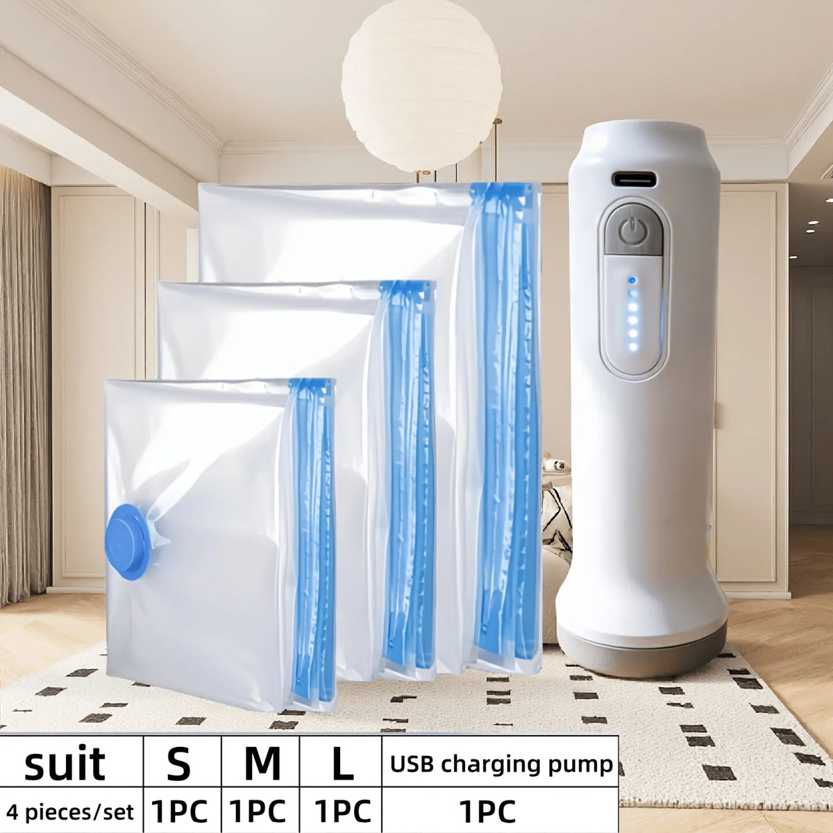 Vakuum-Aufbewahrungsbeutel Set mit USB-Elektropumpe – 1500mAh, Wiederaufladbar | Kleidung & Bettdecken | 4 Set-Varianten