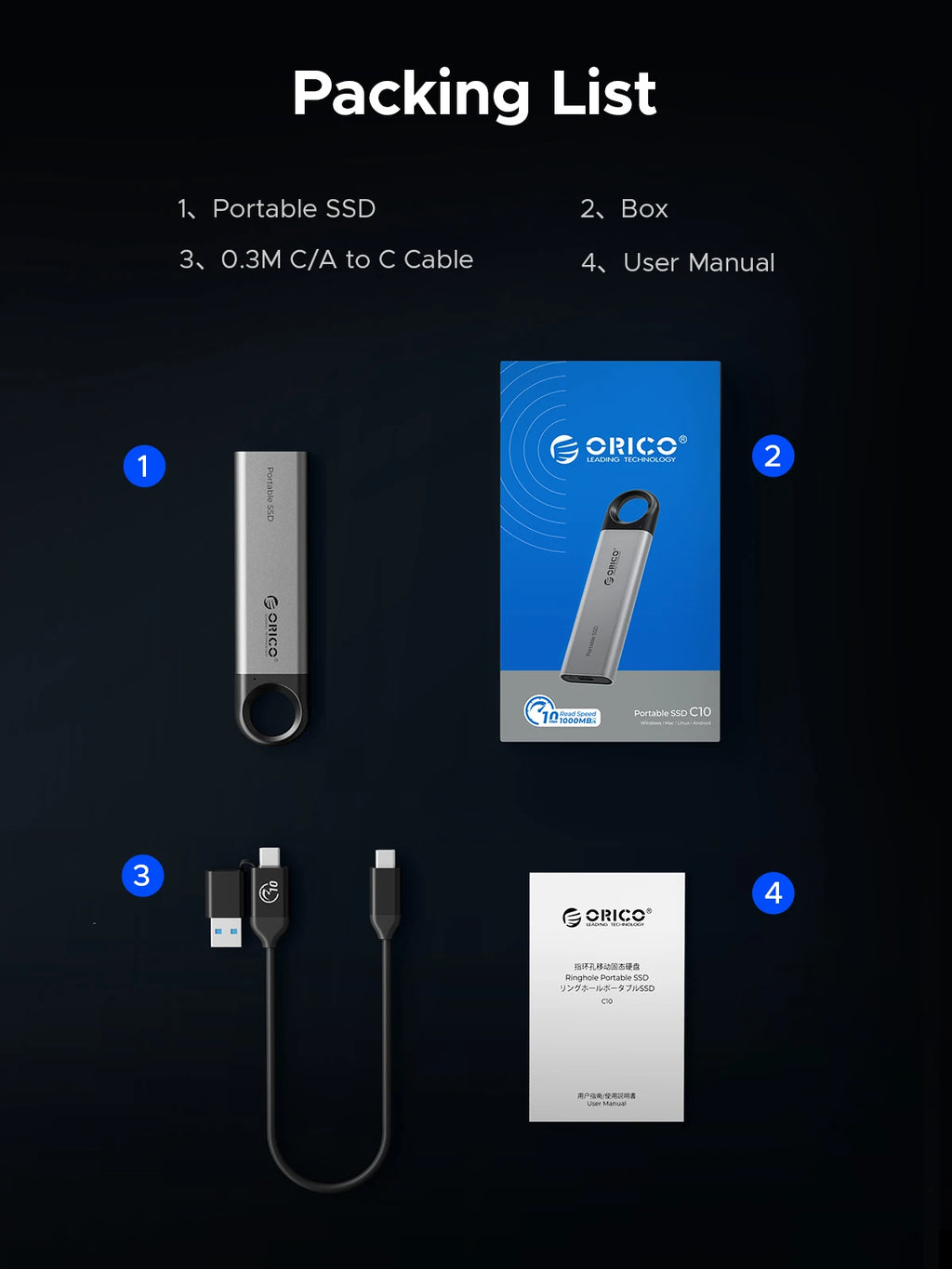 ORICO 1 TB externe SSD bis zu 1050 MB/s Design zum Aufhängen, tragbares Solid-State-Laufwerk, PSSD für Tablets, Laptops, C10