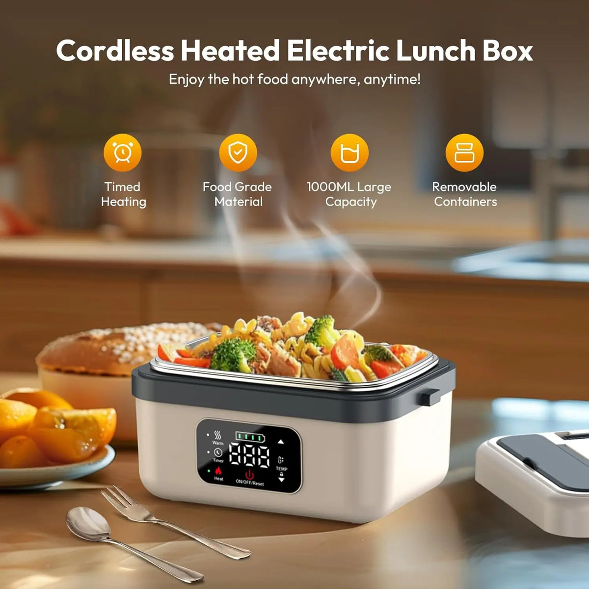 Betuyoo Kabellose Selbsterhitzende Lunchbox – 16.000mAh, 1L, Edelstahl, Powerbank-Funktion | Schwarz & Elfenbein