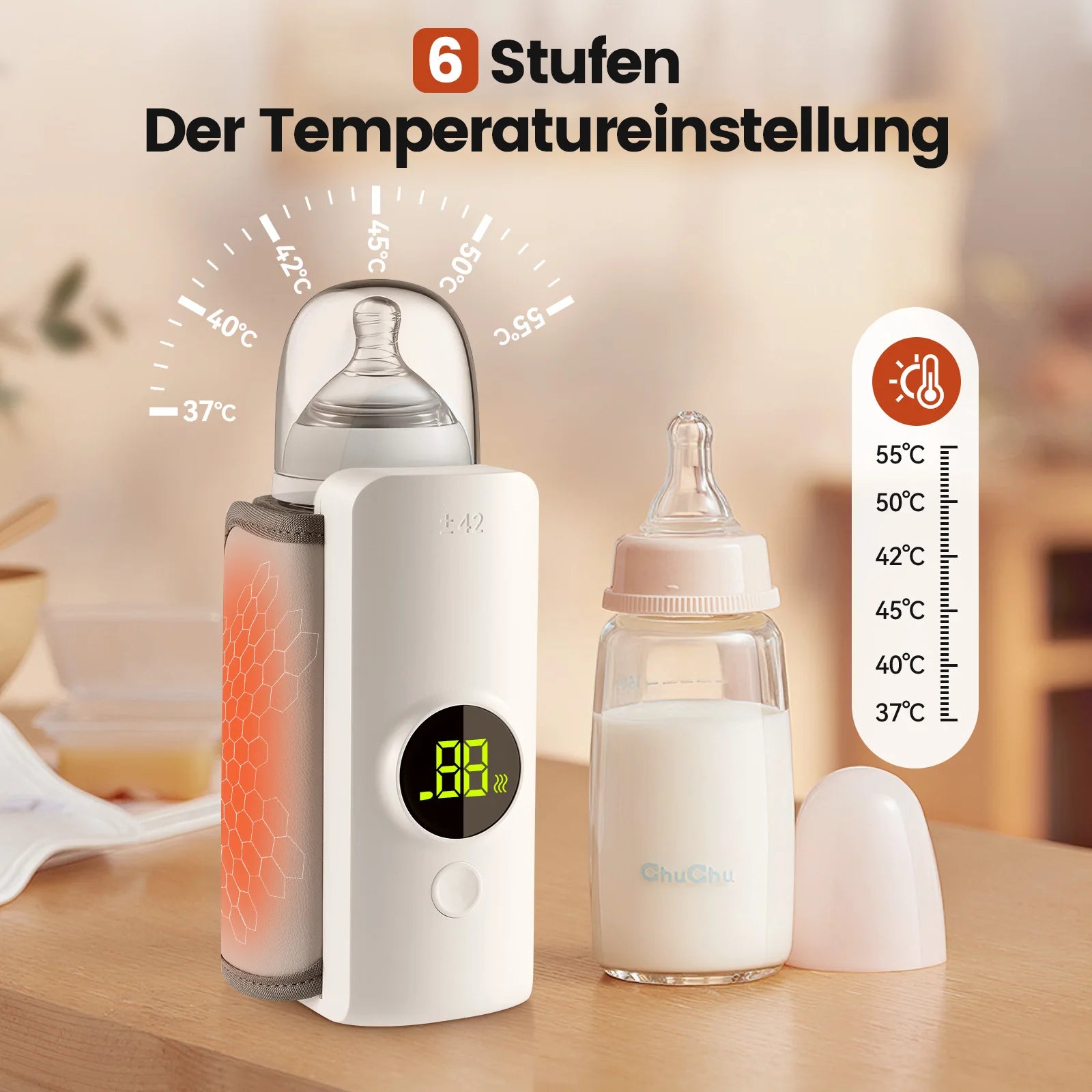 Rbefeuly Tragbarer Flaschenwärmer 6000mAh – USB, 48h Warmhalten, Temperaturkontrolle, Weiß