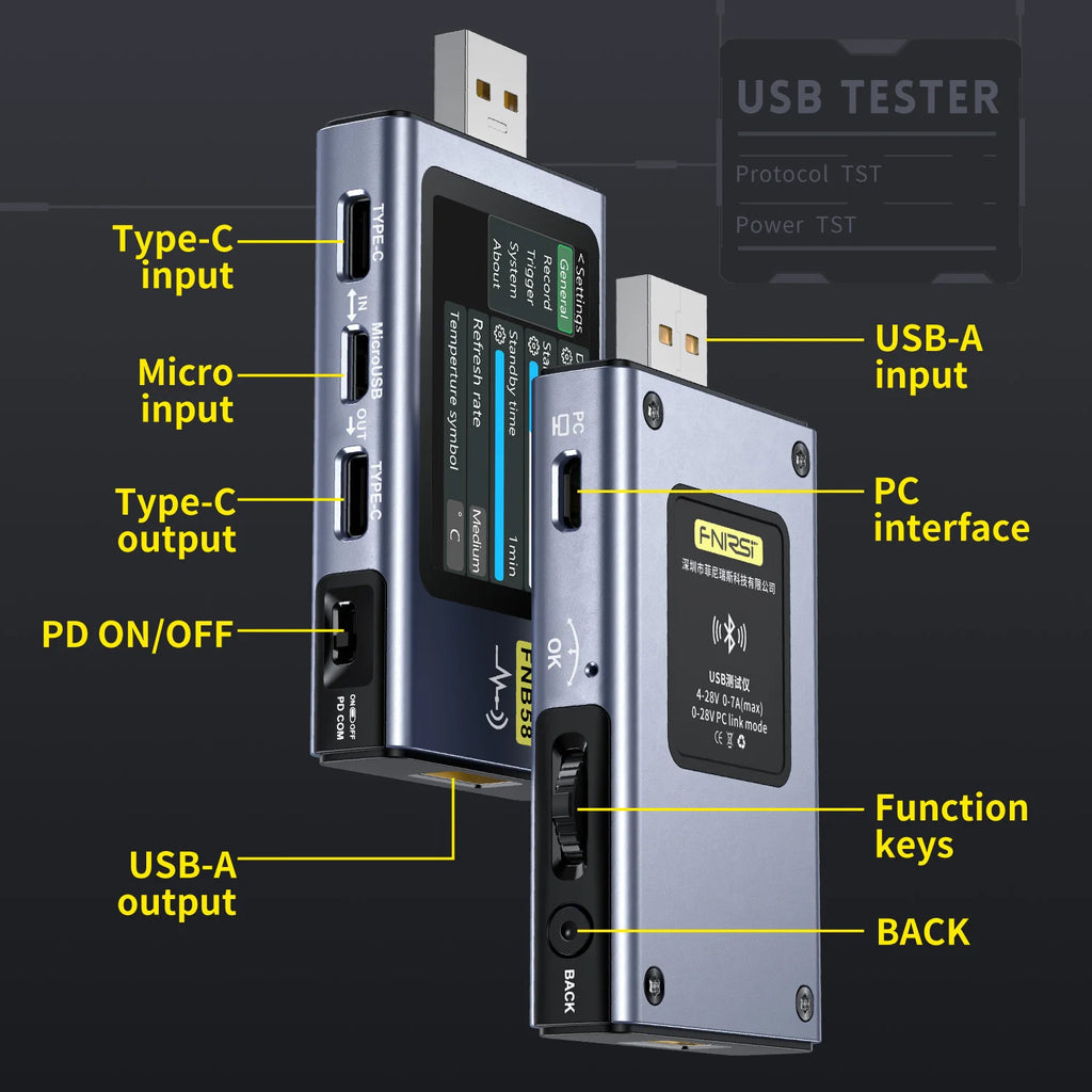 FNB58 USB-Tester, Voltmeter, Amperemeter, Typ C, Schnellladungserkennung, Auslöser, Kapazitätsmessung, Welligkeitsmessung