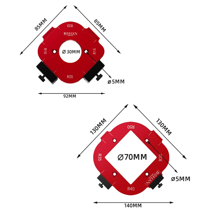 4-in-1-Positionierungsschablone für Bogenwinkel, Fräservorlagen R10-R50, Holzbearbeitungsradius, Jig-Eckenradius, wiederverwendbare Positionierungswerkzeuge