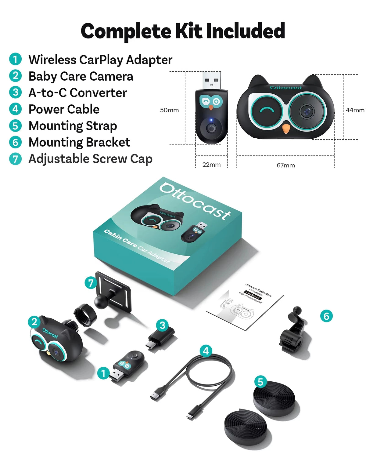 OTTOCAST Cabin Care – Kabelloser CarPlay-Adapter mit 1080P Babykamera & Nachtsicht