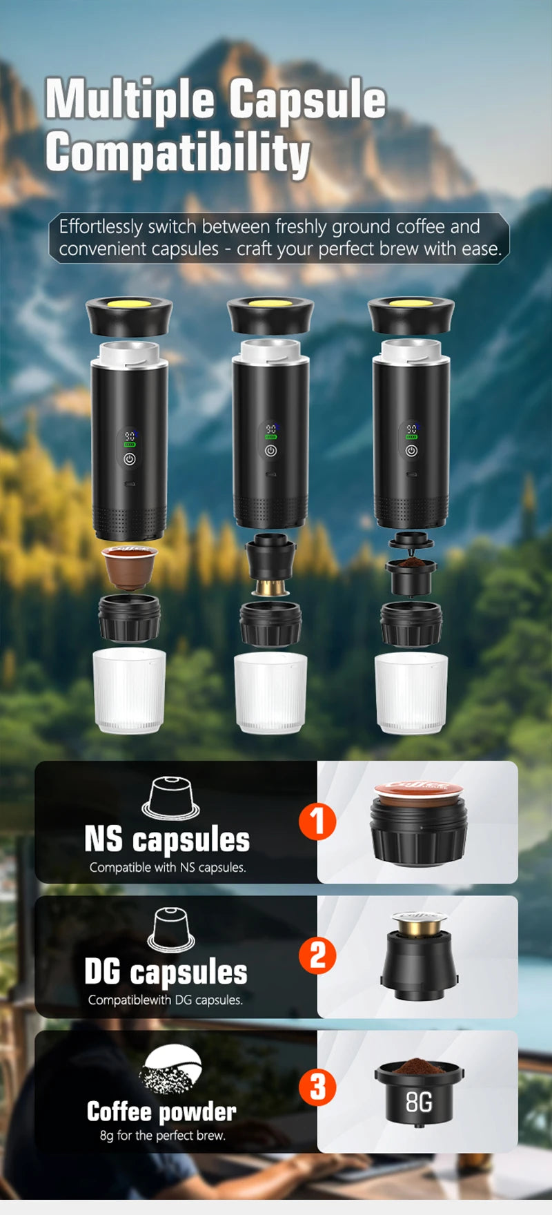 Foombthe Tragbare Espressomaschine mit Digitalanzeige, 3-in-1-Kapselkaffeemaschine für Auto und Zuhause, Camping-Kaffeemaschine