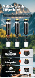 Foombthe Tragbare Espressomaschine mit Digitalanzeige, 3-in-1-Kapselkaffeemaschine für Auto und Zuhause, Camping-Kaffeemaschine