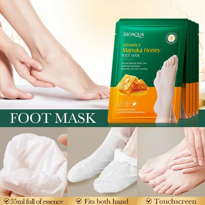 Manuka-Honig & Vitamin E Fußmaske – Tiefenpflege, Peeling & Reparatur für trockene, rissige Fersen, 1–10 Paar
