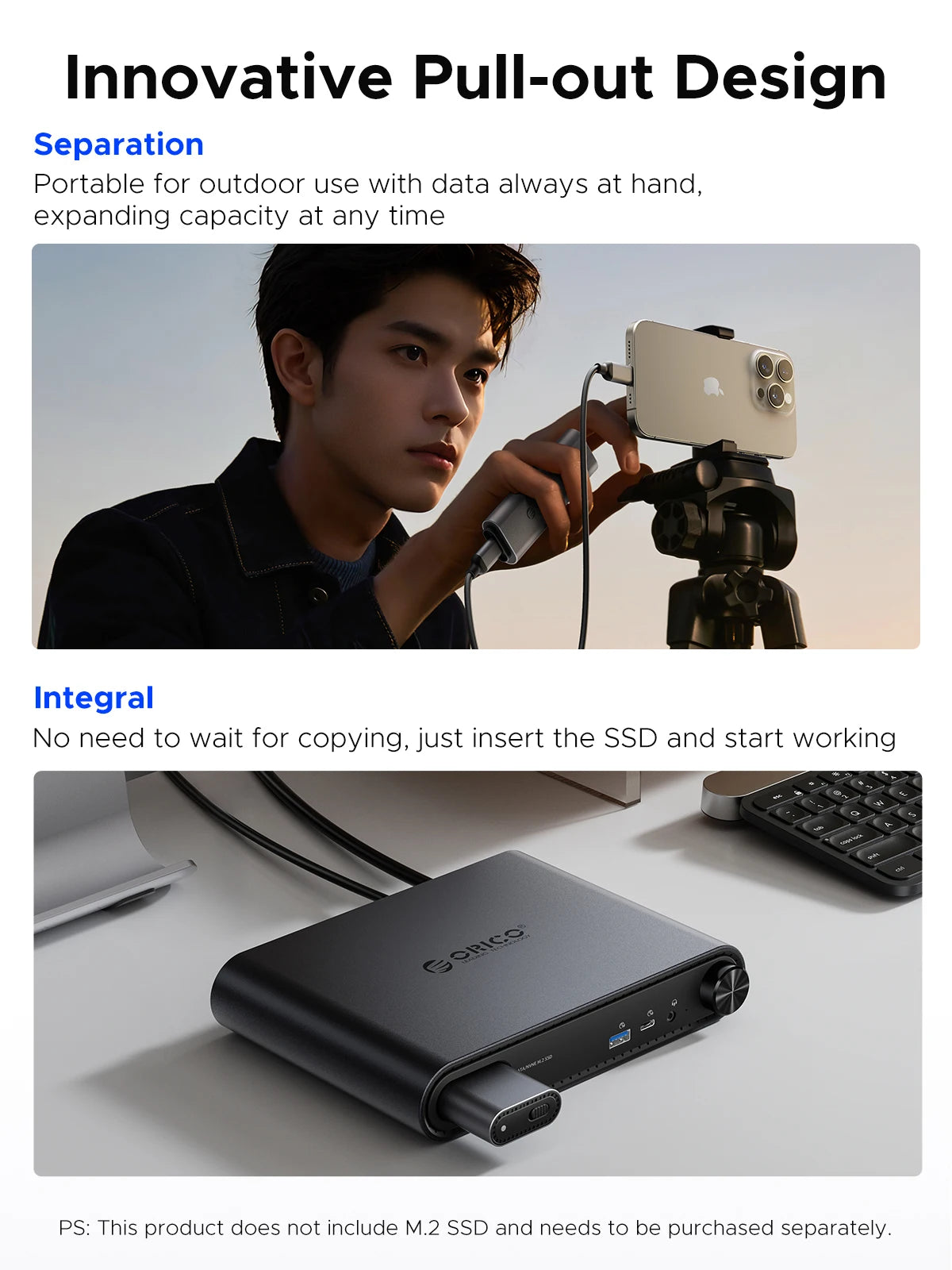 ORICO 10-in-1-USB-C-Dockingstation mit M.2-SSD-Gehäuse PD100W-Lade-Ethernet 4K60 Hz HDMI-Com 3,5-mm-Audiovolumeregler