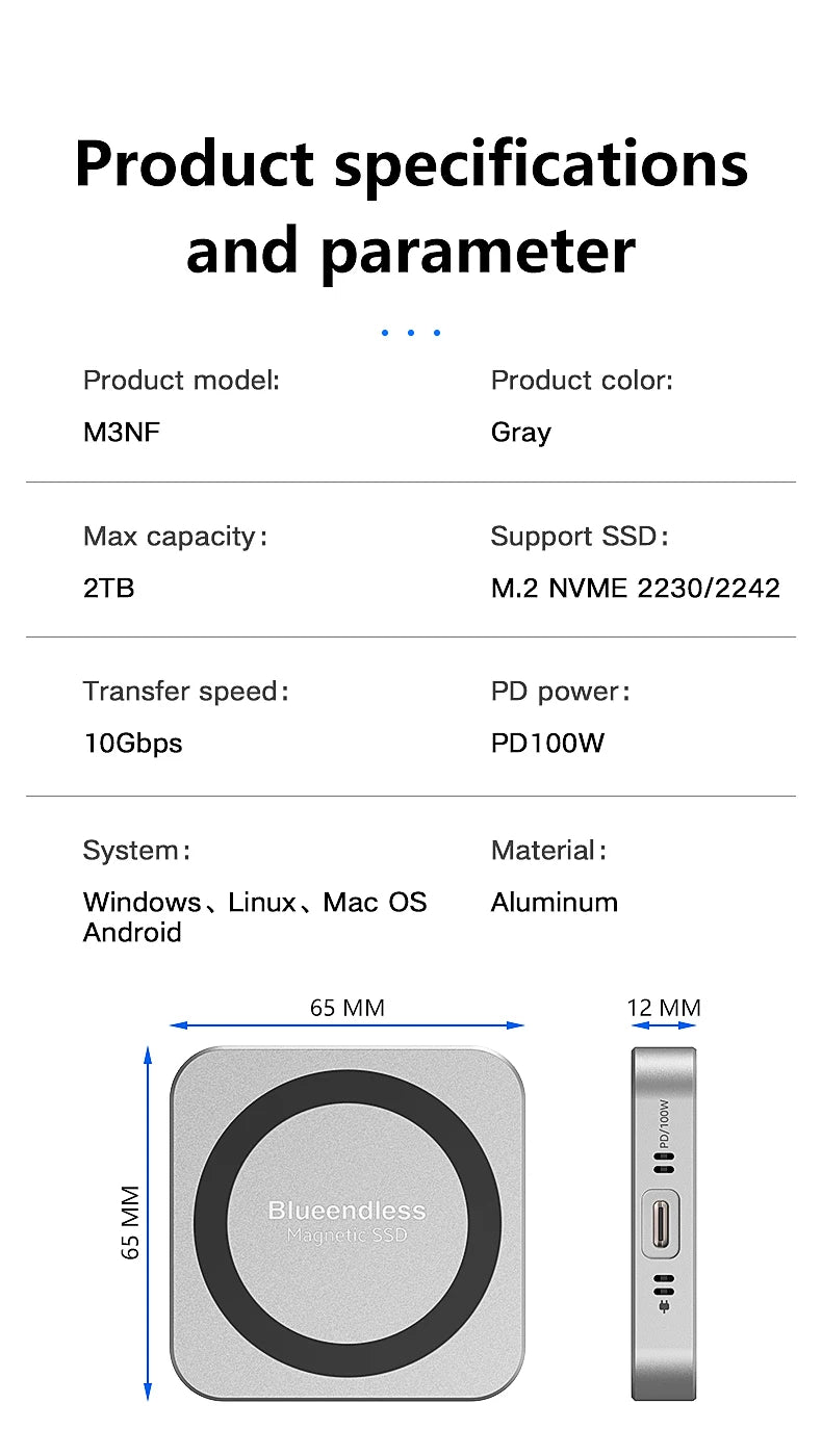 Blueendless Magnetisches M2 2230 2242 NVMe SSD-Gehäuse mit Lüfter 100 W PD-Aufladung Typ C NVMe PCIE SSD-Gehäuse für iPhone Mac