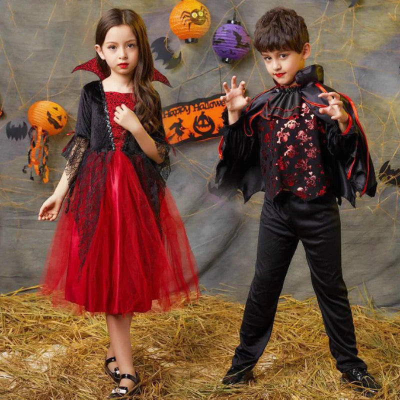 Halloween Kostüm Mädchen – Vampir-Teufel-Prinzessin, Schwarz-Rotes Tüllkleid mit Zubehör