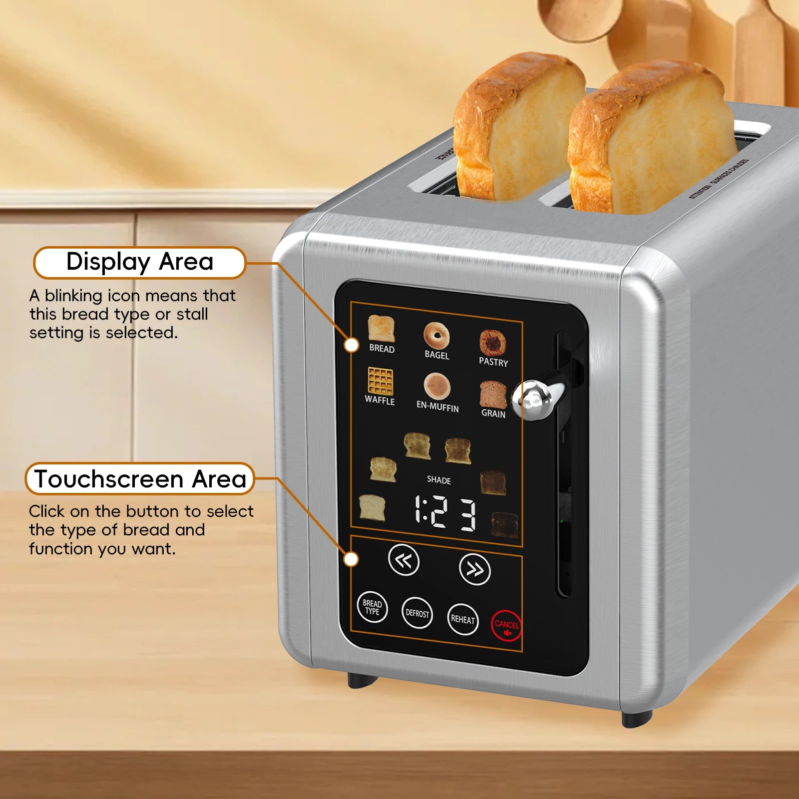 OMESER Küche Edelstahl Zwei Scheiben Toaster Touchscreen Hause Automatische Brot Toaster Frühstück Maschine 6 Bräunungsstufen