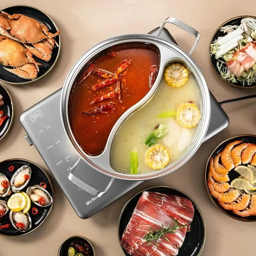 Doppelter Hot Pot aus Edelstahl 316, unterteilt, für chinesische Suppen, 32/34 cm, Induktionskochfeld